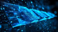 Glowing blue digital blocks with network connections and particles floating in dark space create futuristic technology visualization for business presentations.