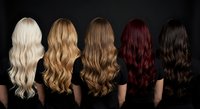 Five women showing different hair colors from blonde to black with long wavy hairstyles against dark background for beauty salon concepts.