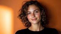 Young woman with natural curly brown hair and genuine smile wearing black top against warm orange background with dramatic lighting and shadow play.