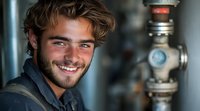 Young Caucasian male plumber with beard and wavy hair smiling while working on industrial pipes and valves in mechanical room, professional maintenance service.