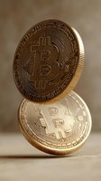 Golden cryptocurrency coins balanced on edge showing detailed Bitcoin symbol and circuit pattern design against soft brown background. For finance concepts.