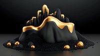 Abstract black and gold liquid metal sculpture with flowing curves and spherical drops on dark textured surface against dramatic black background.