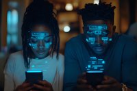 Young African American couple illuminated by blue light from mobile phones, with futuristic digital interface projections on their faces in dark ambient setting.