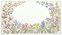 Watercolor spring floral frame with pastel flowers, tulips, daffodils, hyacinths and cherry blossoms forming an oval border with copy space.
