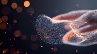 Abstract digital heart shape formed by glowing particles with bokeh effect on dark background, symbolizing love, connection, and technology.