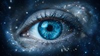 Cosmic eye with bright blue iris surrounded by starry galaxy and nebula effects creating mystical universe vision concept for spiritual and astronomy themes.