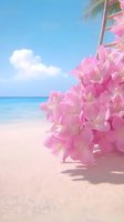 Pink tropical flowers on sandy beach with turquoise ocean and blue sky background. Soft dreamy summer atmosphere with delicate blossoms and white clouds.