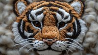 Close up portrait of majestic tiger face showing detailed fur texture, striking amber eyes, and distinctive stripe pattern against blurred background.