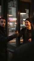 Young male and female barista serving hot beverage to customer through cafe window at dusk, urban evening atmosphere with neon city lights reflecting on wet glass.