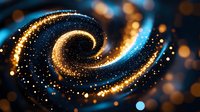 Magical spiral of golden and blue glowing particles swirling in dark space with bokeh effect creates cosmic abstract background for luxury designs.