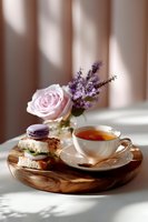 Elegant afternoon tea setting with sandwich, purple macaron, and cup of tea on wooden board, pink rose and lavender bouquet, soft window light and shadows.