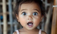 Surprised toddler with big blue eyes and open mouth expressing wonder and amazement, wearing pink straps. Close up portrait showing pure childhood emotion.