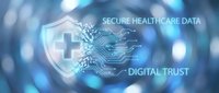 Digital healthcare data security shield with medical cross and circuit patterns representing cybersecurity protection for patient information systems.