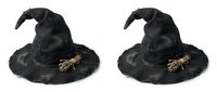 Black witch hats with golden spiders isolated on white background for Halloween costume design and seasonal decorations.