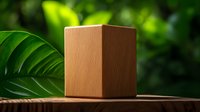 Minimalist wooden cube on natural background with green tropical leaves. Sustainable product photography concept highlighting eco-friendly packaging design.