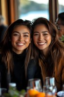 Two young Asian women with radiant smiles enjoying dinner at restaurant. Natural lighting creates warm ambiance as they share genuine moment of friendship and joy.