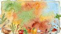 Watercolor cooking background with fresh vegetables, herbs, and kitchen utensils on colorful wash. Ideal for culinary, recipe, and food blog designs.