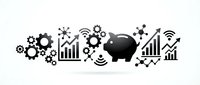 Business growth and financial success concept with piggy bank, gears, charts and wireless connectivity symbols on light background for presentations.