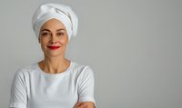 Young mixed race woman wearing white head wrap turban and casual top smiling confidently with arms crossed against neutral gray background.