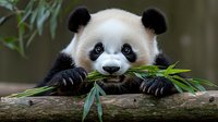 Adorable giant panda bear cub eating fresh bamboo leaves while resting on tree log in natural habitat, close-up portrait showing expressive face and paws.