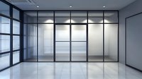 Modern empty office space with glass partition walls, white tile flooring, and natural light creating minimalist corporate interior design for business environment.