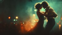 Romantic couple silhouette embracing against dramatic colorful bokeh lights background. Intimate moment between man and woman in atmospheric evening setting.