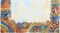 Ethnic tribal ornamental border frame with geometric patterns in warm earth tones and navy blue, featuring traditional African and indigenous design elements, suitable for backgrounds and decorative layouts.