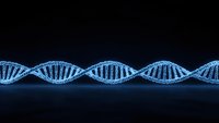 Blue DNA double helix strand on dark background for genetic research, biotechnology and molecular biology concepts in medical science applications.