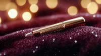 Luxury golden fountain pen on burgundy velvet surface with bokeh lights and water drops creating elegant atmosphere for business and writing concepts.