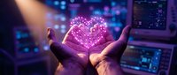 Hands holding glowing neon heart shape in futuristic digital environment with data screens and technology background for love, connection, healthcare or digital innovation concepts.