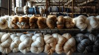 Artisanal yarn skeins in natural earth tones and neutral colors arranged on wooden shelves, showcasing varied textures of wool and fiber for knitting and crafting projects.