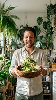 Happy man holding fresh salad bowl in plant-filled kitchen. Healthy eating lifestyle with organic vegetables and greens in modern home interior.