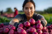 Young Asian woman farmer harvesting fresh red apples in orchard during autumn season, holding ripe fruits in hands while working at organic farm.