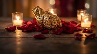Golden wicker heart surrounded by red rose petals and glowing candles creating romantic atmosphere for Valentine's Day celebration on wooden surface.