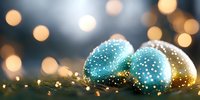 Festive blue and gold Easter eggs with glitter decoration against blurred bokeh lights background, creating magical holiday atmosphere.