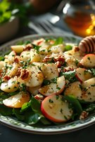 Fresh apple walnut spinach salad with honey dressing on rustic plate, healthy organic meal with mixed greens, sliced fruit and nuts for nutritious dining.