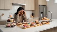 Young Asian woman feeling overwhelmed surrounded by colorful donuts and pastries in modern kitchen. Diet temptation and unhealthy eating habits concept.