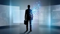 Digital transformation concept with businessman silhouette dissolving into particles in futuristic virtual environment for technology presentations.