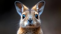 Close up portrait of small wallaby with bright blue eyes and brown fur looking directly at camera against dark background, showing curious expression.