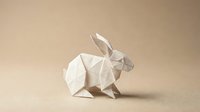 White origami rabbit folded from paper in geometric low poly style on neutral beige background for craft projects and minimalist design concepts.