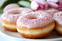 Fresh donuts with pink glaze and white sprinkles on ceramic plate, shallow depth of field creates soft background blur, close-up view of sweet pastries.