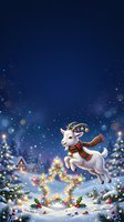 White goat wearing festive scarf and golden horns jumps joyfully in snowy winter village scene with twinkling lights and decorated trees for holiday celebrations.