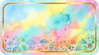 Pastel watercolor banner with rainbow clouds, stars, flowers, and hearts in soft pink, blue, yellow tones, framed with gold border for cards.