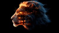 Artistic double exposure effect combining lion profile with sunset forest silhouette against dark background, glowing orange and blue tones create dramatic atmosphere.