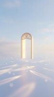 Mystical golden archway glowing with warm light against dreamy pastel sky with soft clouds and ethereal atmosphere for spiritual and fantasy concepts.