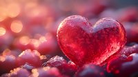 Red crystal heart with sparkling texture on romantic bokeh background with warm golden lights for Valentine's Day, love, romance and wedding concepts.