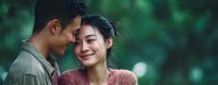 Young Asian couple sharing intimate romantic moment with gentle smiles and closed eyes against soft green bokeh background for love and relationship concepts.