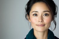 Young Asian woman with natural makeup and gentle smile wearing teal sweater against light gray background, portrait with soft lighting and subtle expression.