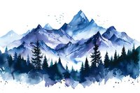 Watercolor mountain landscape with snow peaks and pine artistic nature scene with misty atmosphere and splatter effects.