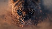 Aggressive lion with bared teeth and intense gaze surrounded by dust particles, conveying power and danger for wildlife and nature content.